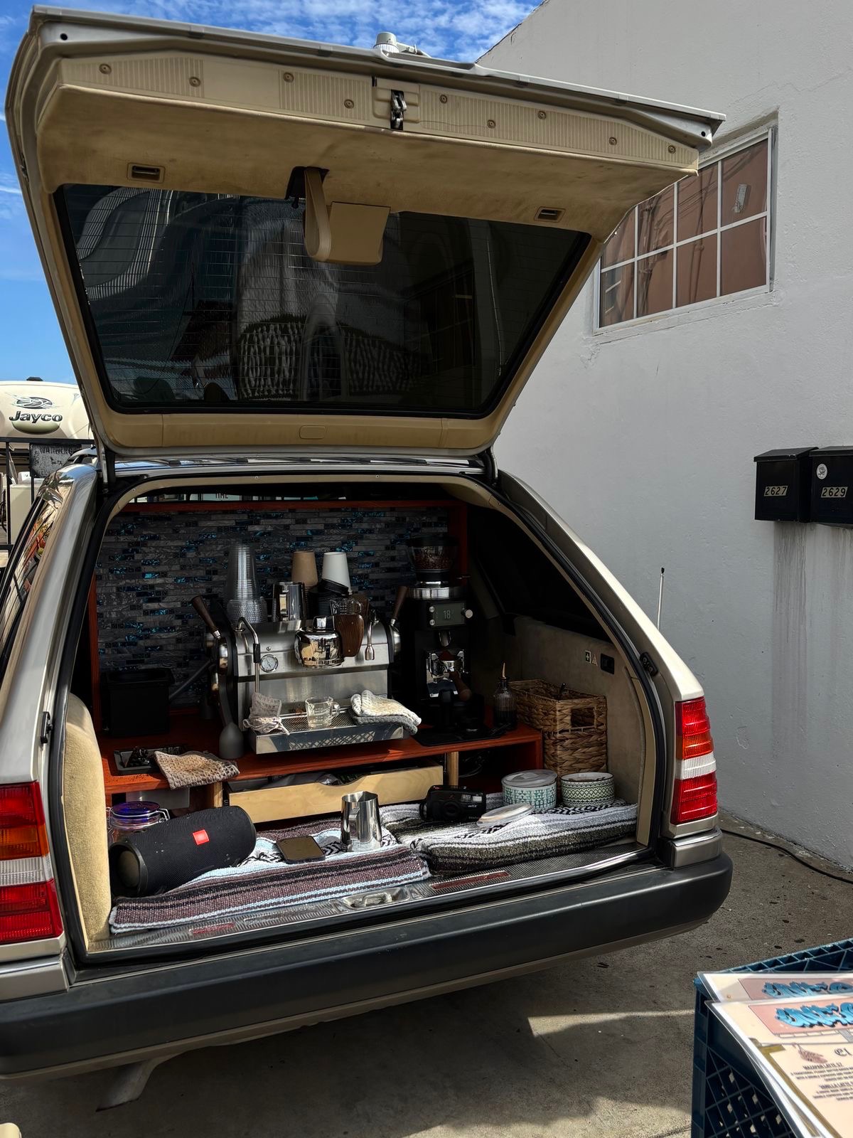 Espresso setup in the rear of a classic SUV