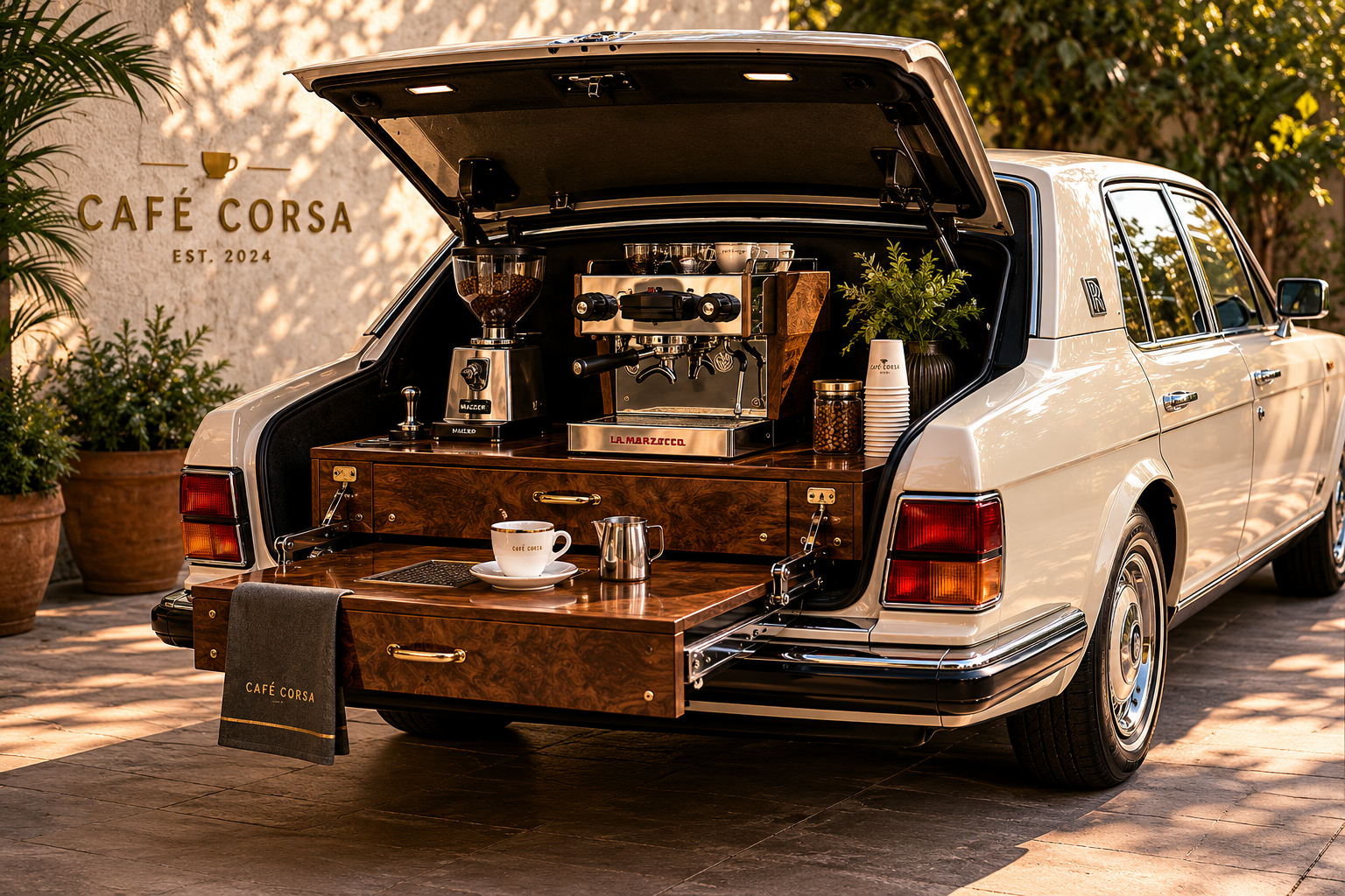 Café Corsa espresso bar installed in the open trunk of a white Rolls-Royce Silver Spur